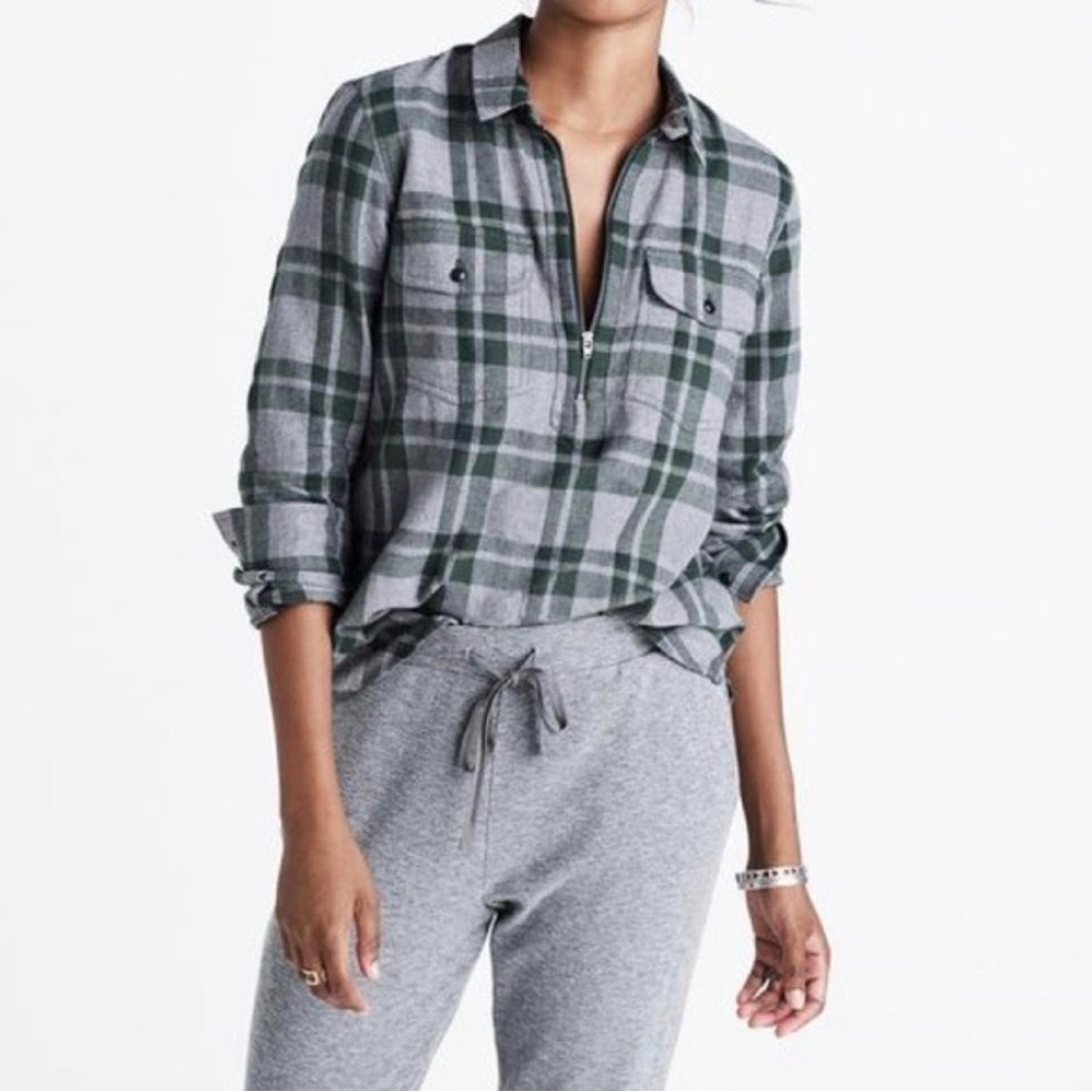 Madewell zip up popover Green and Gray plaid Shirt size small